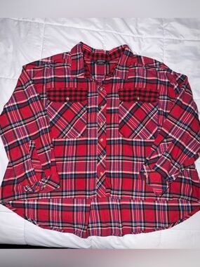 Red Plaid Flannel Cropped Long Sleeve Button Up Shirt - 2X